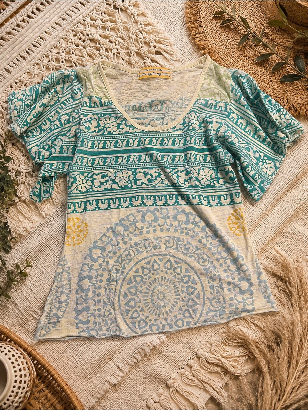 Free People Teal and Cream Printed Scoop Neck Short Sleeve Tee